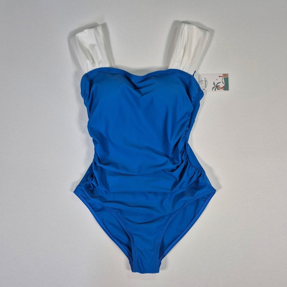 B2PRITY Blue White One Piece Swimsuit Ruching‎ Tummy Control Small NWT
